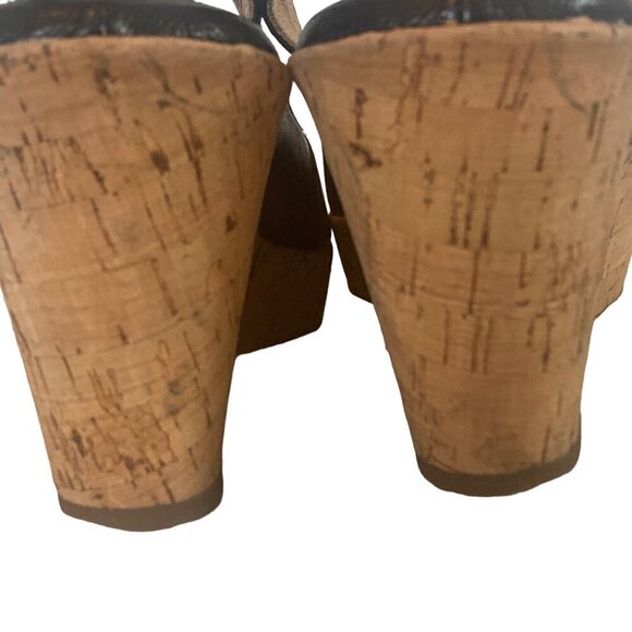 Sofft Black Leather Wedge Sandals Womens 7.5 Peep Toe Cork Heel Adjustable Strap - Picture 10 of 11
